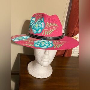 Fedora M pink hand painted floral bohemian Mexico straw hat